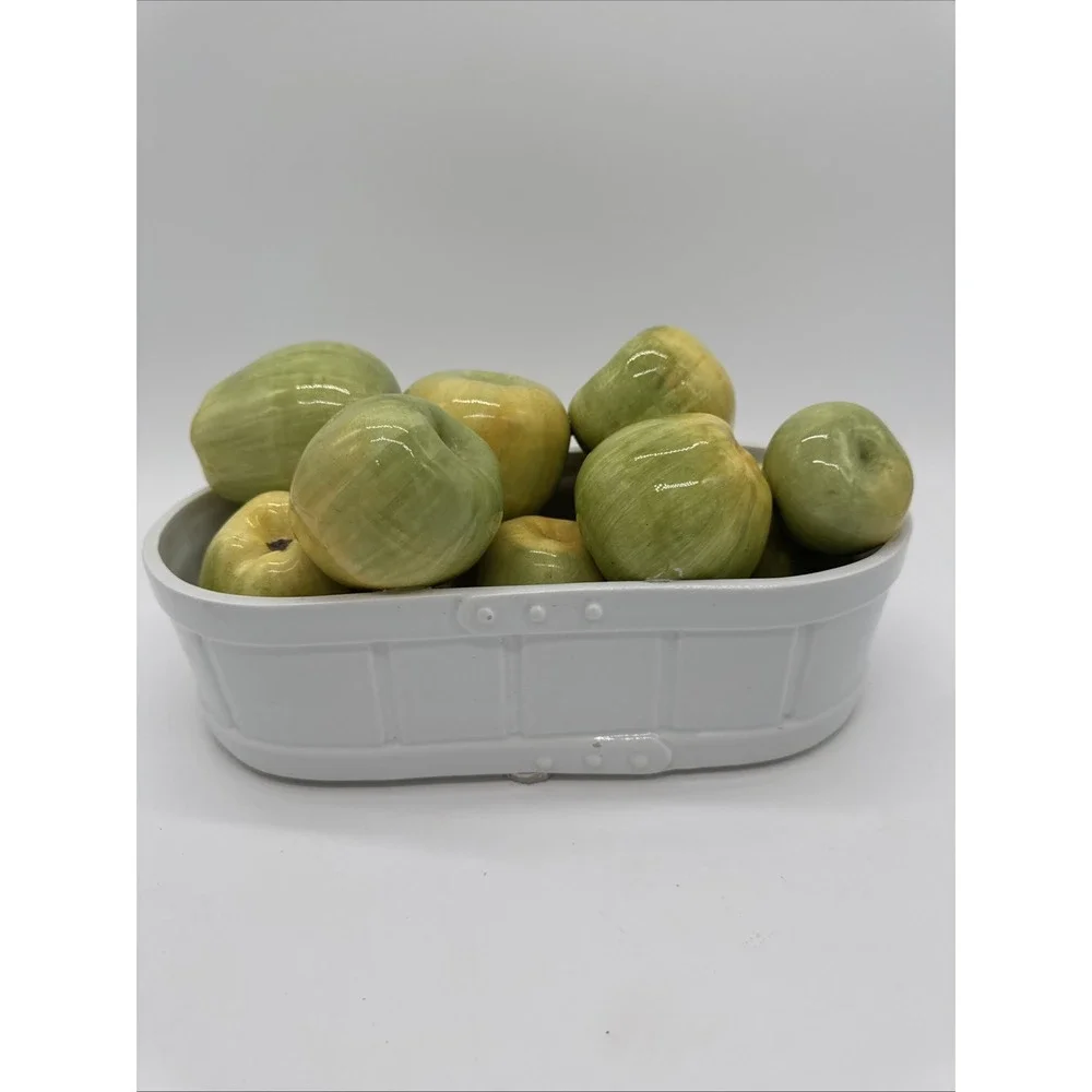 Vintage Italy Ceramic Basket Of Green Apples In Basket 9 Apples 13